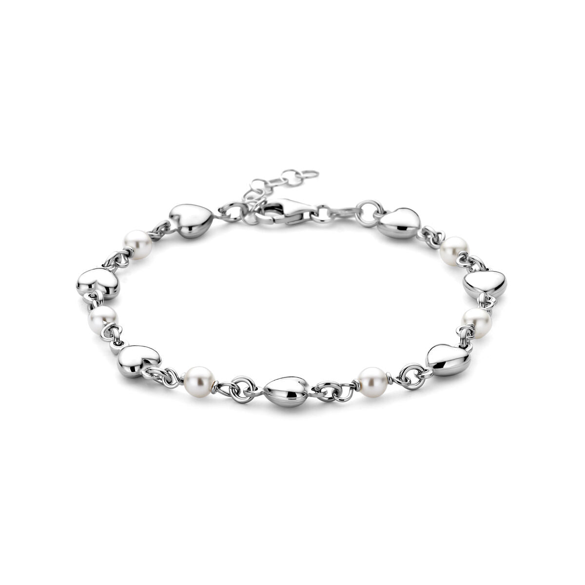 De Zilveren armband dames hartjes en swarovski parels gerhodineerd van Van der Kooij Collectie heeft afwisselend hart bedels en Swarovski parels, een verstelbare ketting en karabijnsluiting voor een elegante look.