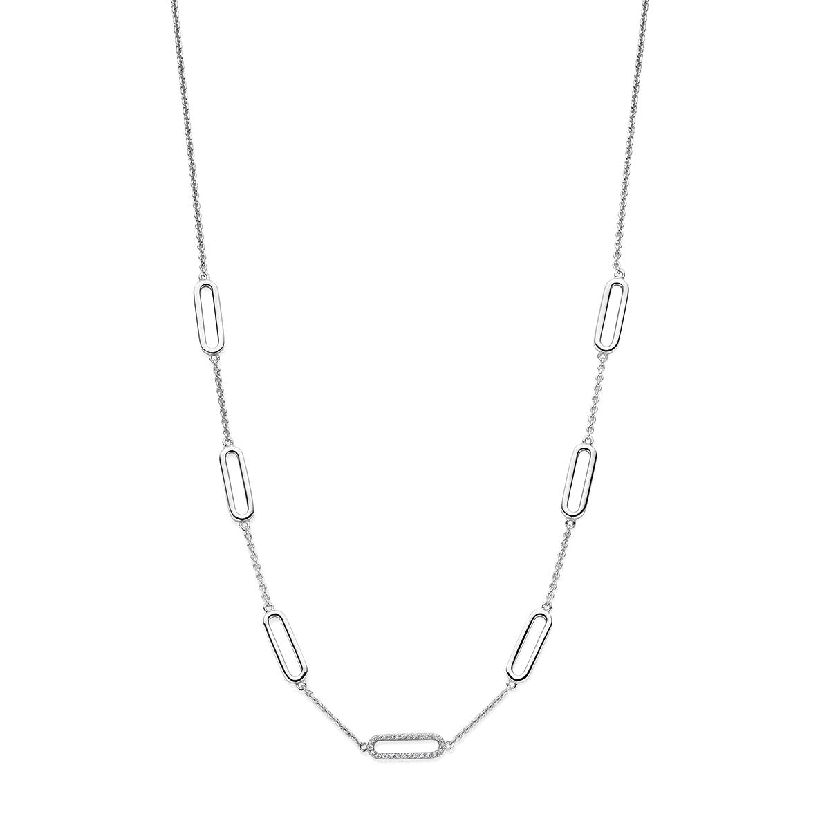 De Van der Kooij Collectie collier zirkonia (42 + 3 cm) is een gerhodineerde zilveren ketting met zes ovale schakels, waarvan het middelste subtiel is bezet met fonkelende zirkonia voor een elegante uitstraling.