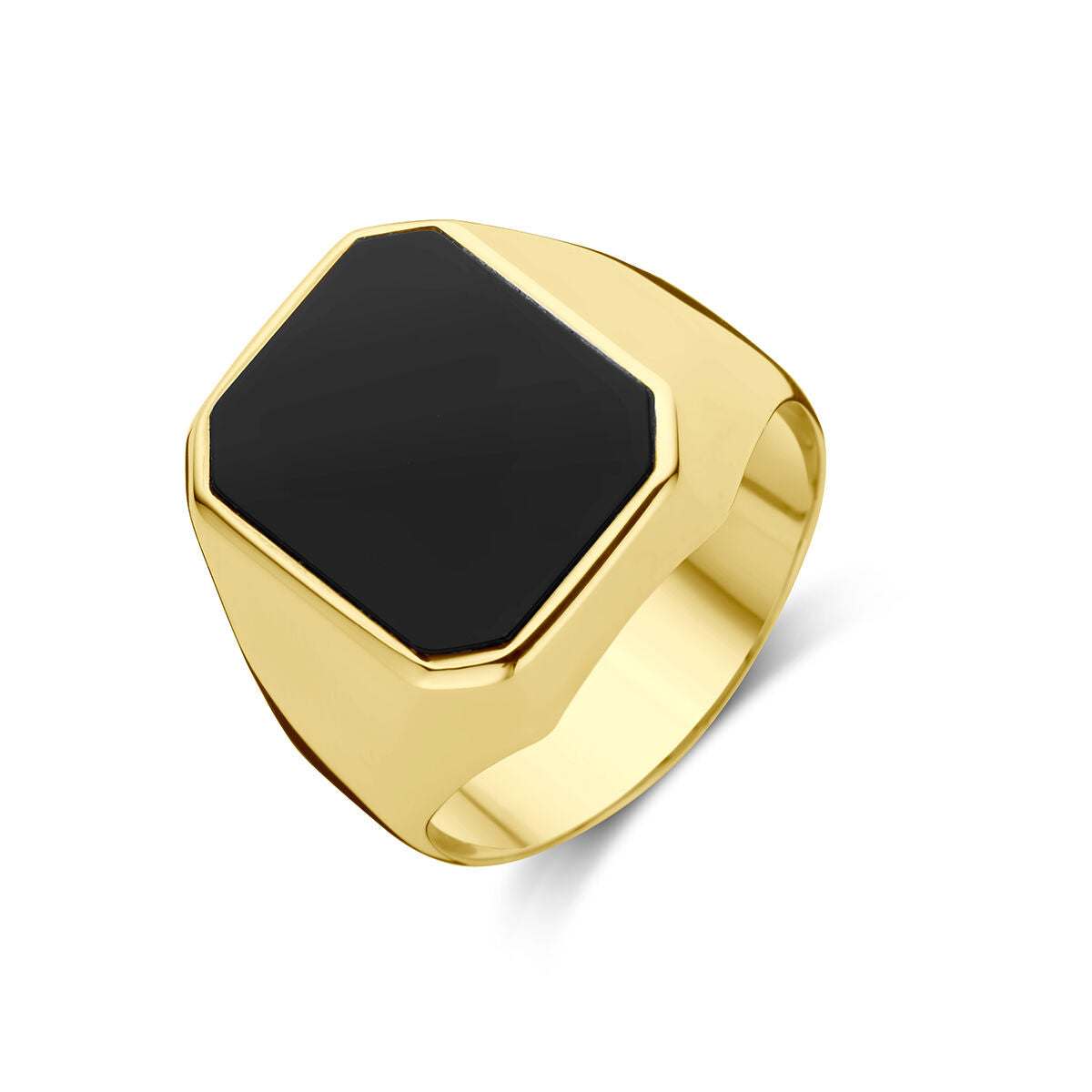 Zegelring van 14K geelgoud met een zeshoekige onyx steen.