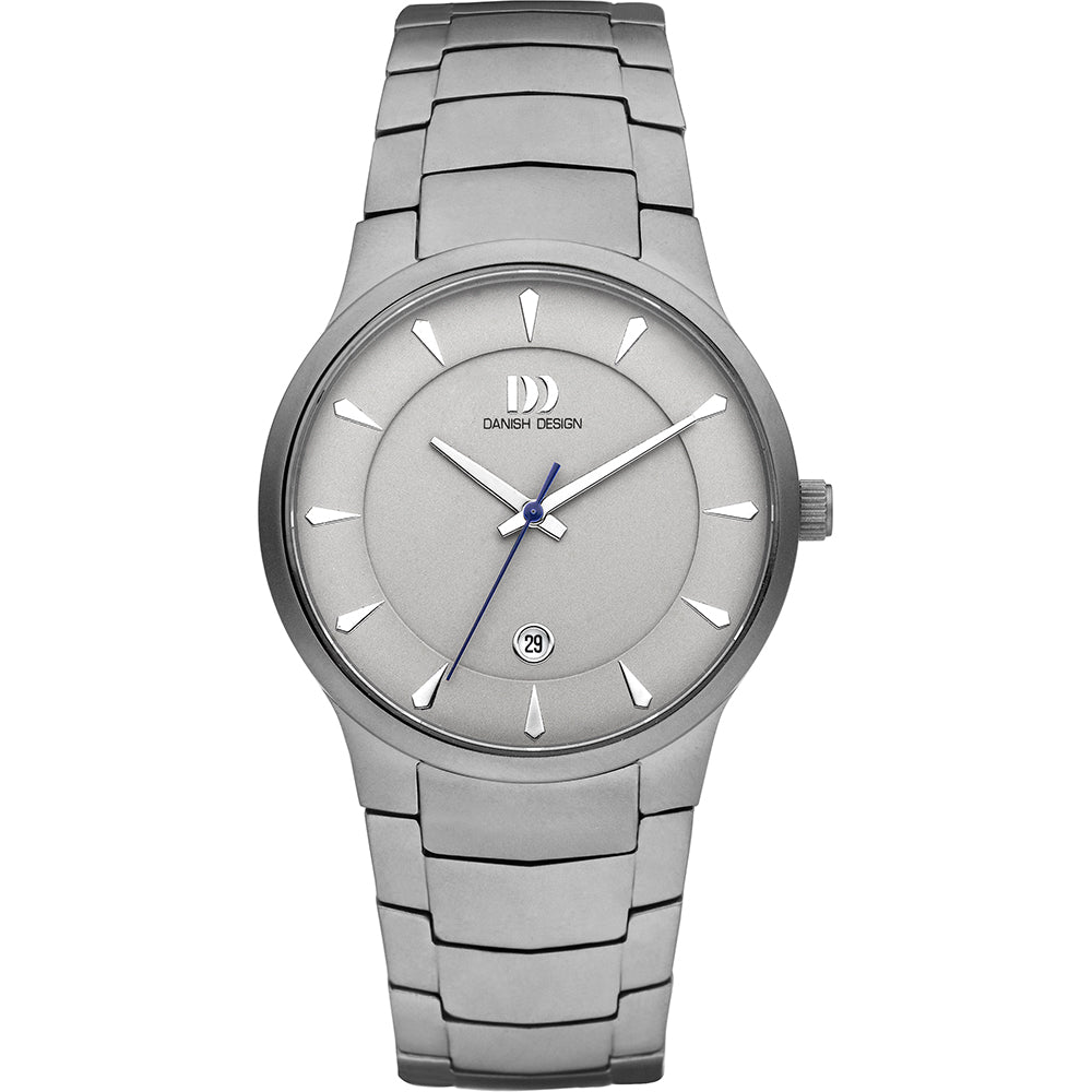 Zilveren horloge met een ronde wijzerplaat, blauwe secondewijzer en een metalen schakelband.