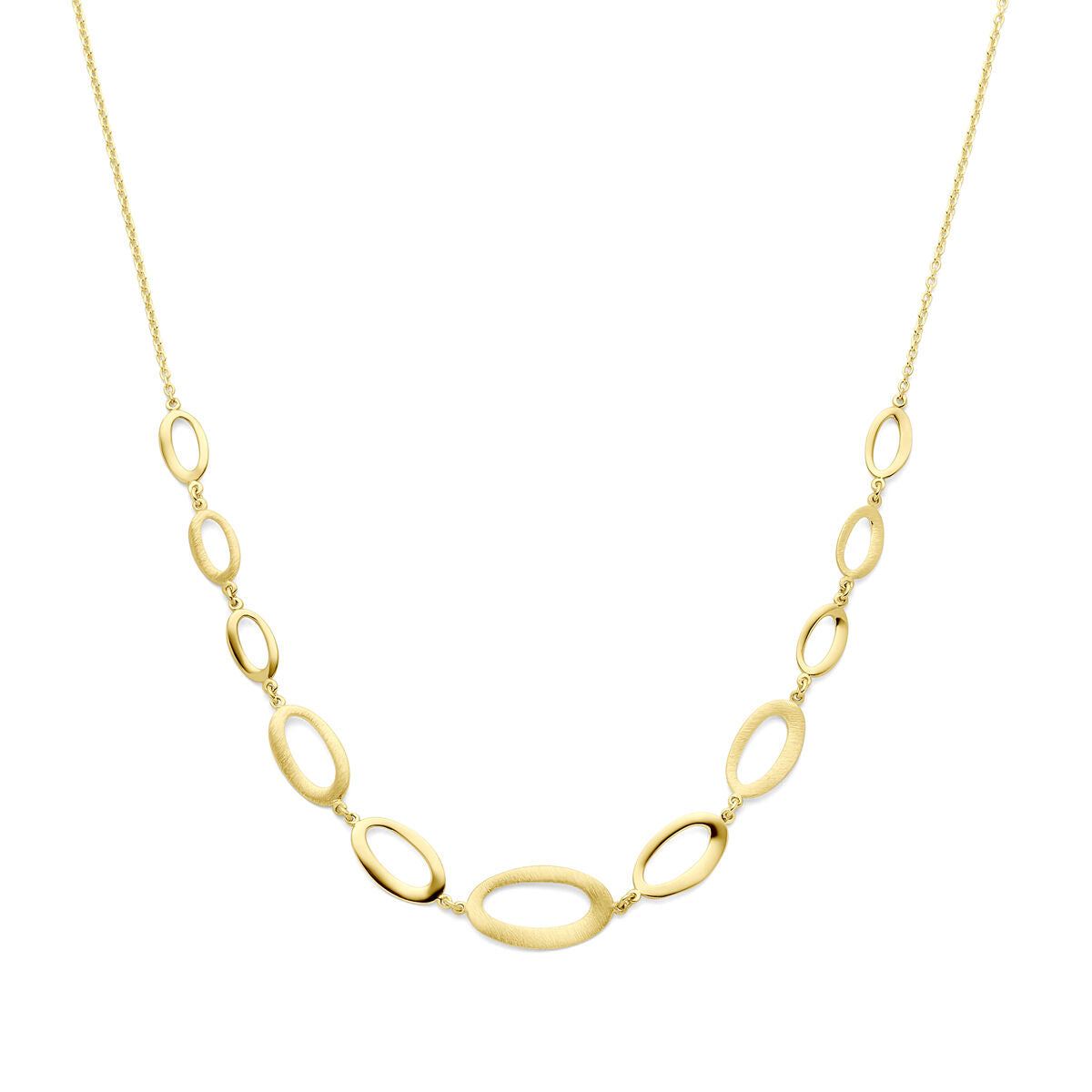 Collier van 14K geelgoud met een combinatie van gepolijste en matte ovalen schakels, lengte 42 + 2 cm.