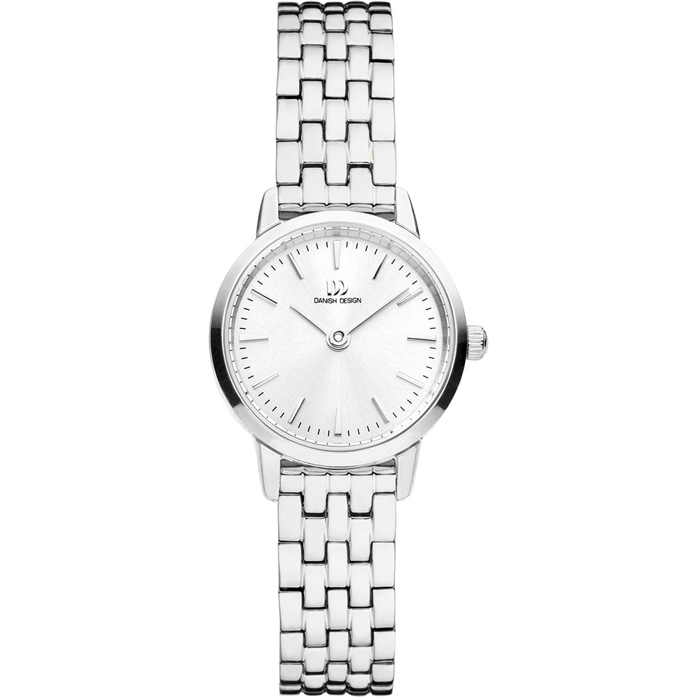Zilveren horloge met een witte wijzerplaat en een schakelband.