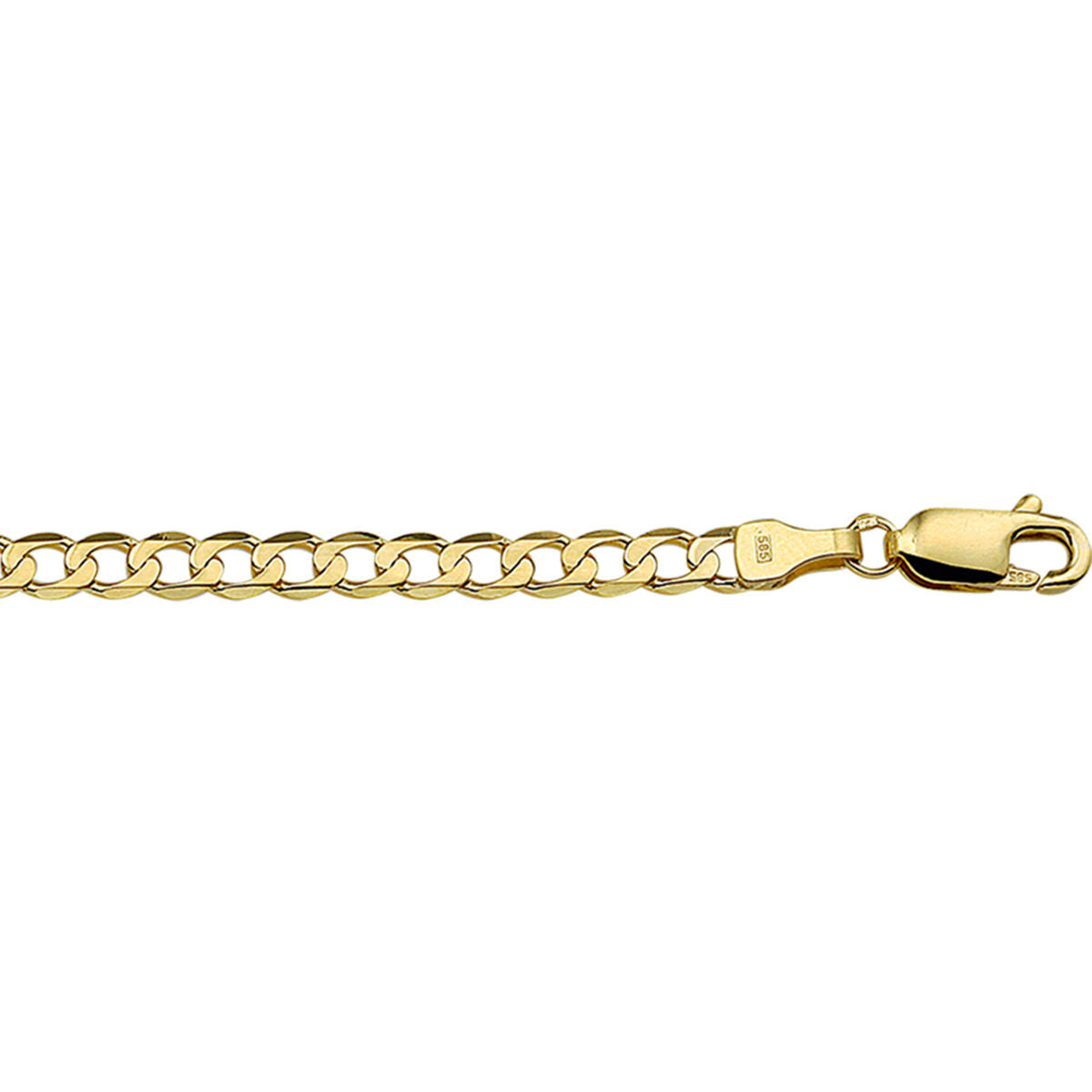 Een close-up van de Van der Kooij Collectie Gouden ketting heren - gourmette 6-zijdes geslepen 3,9 mm 14K, met platte in elkaar grijpende schakels en een karabijnsluiting op een witte achtergrond.