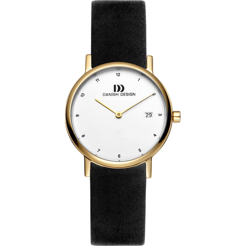 Gouden horloge met witte wijzerplaat en zwarte leren band.