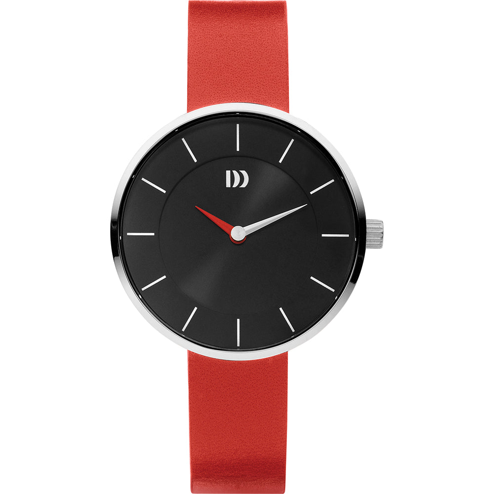Zwart horloge met een ronde wijzerplaat, zilveren kast en een rode leren band.