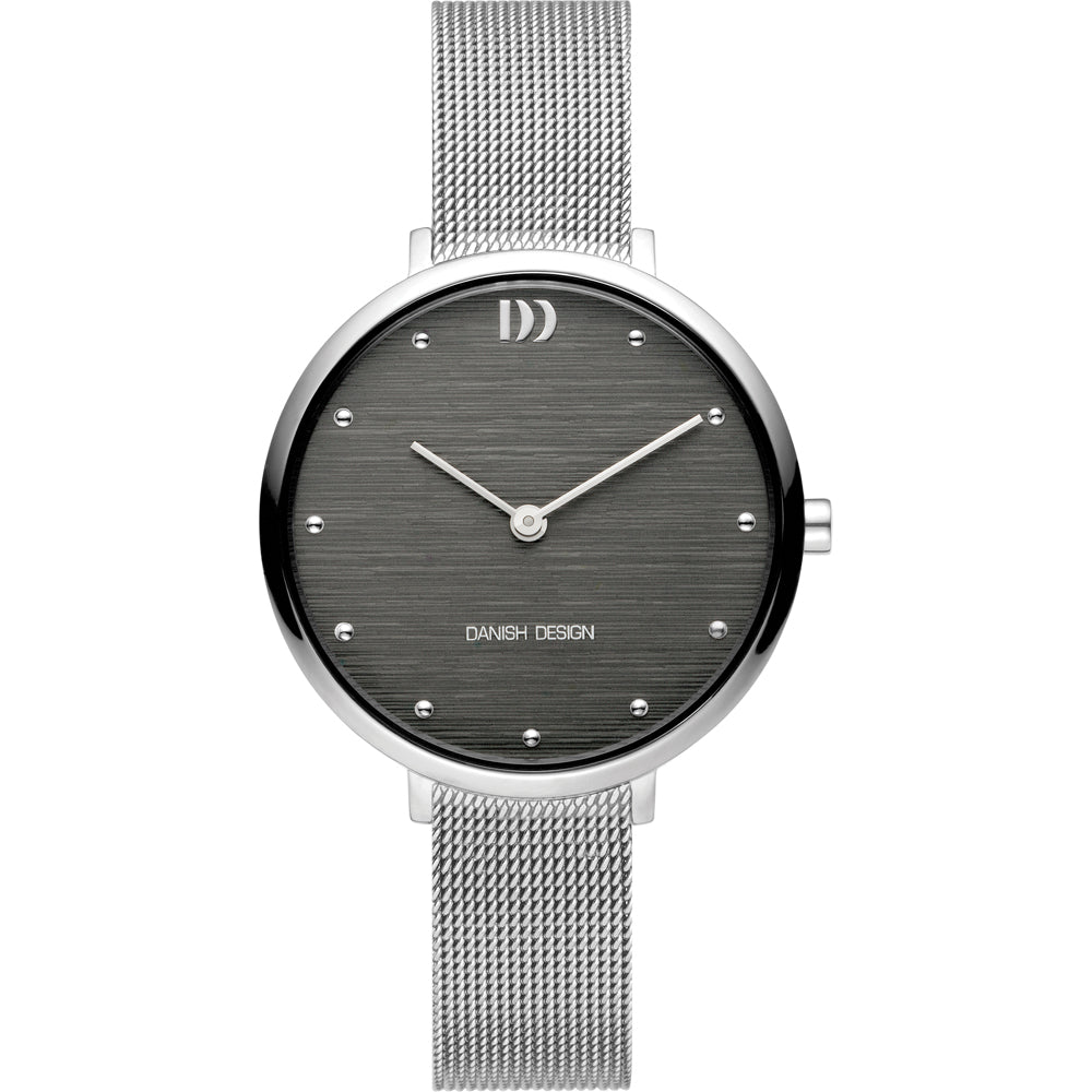 Zilveren horloge met een grijze wijzerplaat en mesh-band, voorzien van subtiele steentjes als uurmarkeringen.