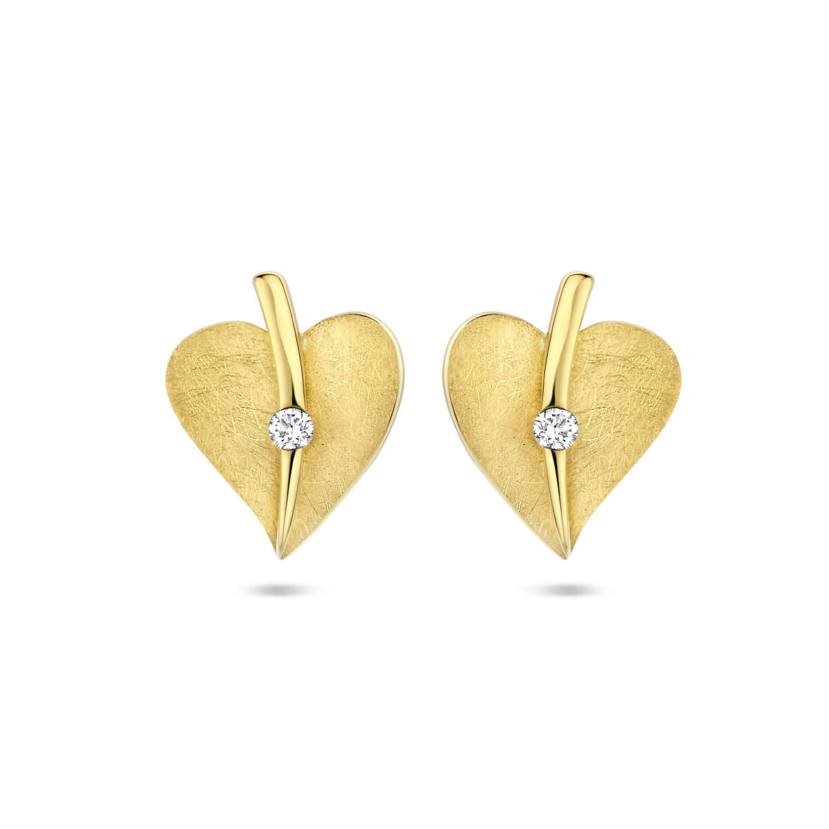 oorknoppen hart gescratcht diamant 0.04ct (2x 0.02ct) h si 14K geelgoud