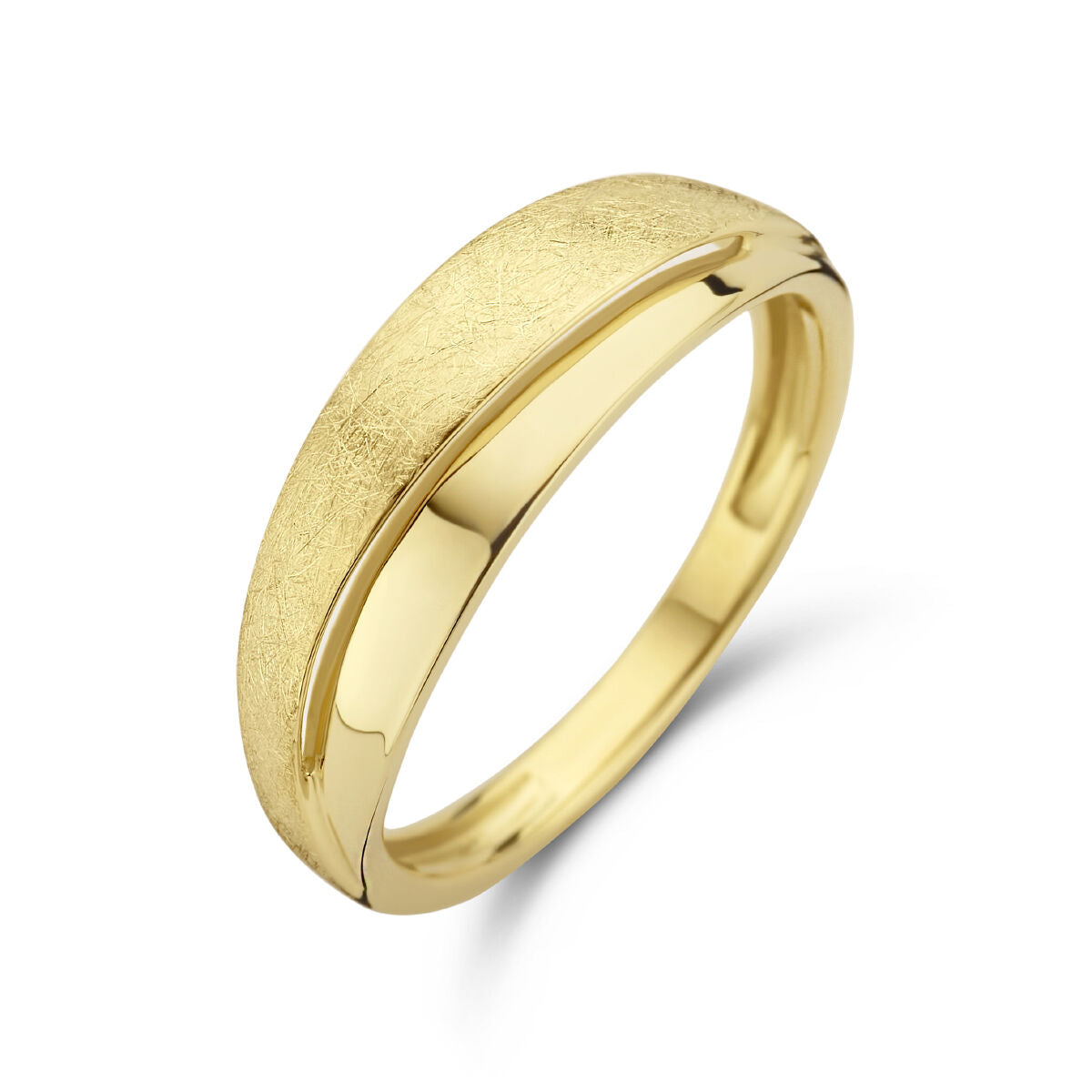Ring van 14K geelgoud met een matte en gepolijste afwerking, breed en vlak van vorm.