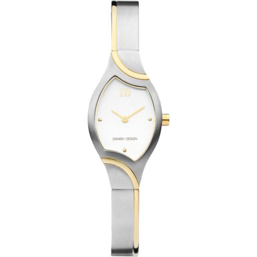 Stalen horloge met witte wijzerplaat en gouden accenten, met een unieke golvende vorm.