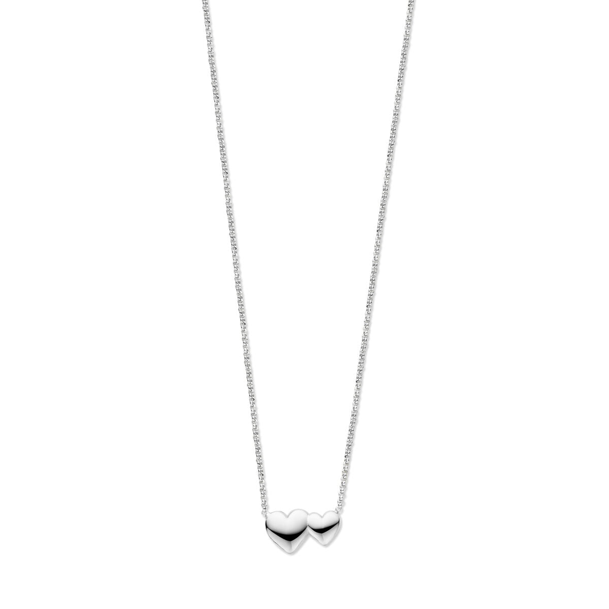 Zilveren collier met gerhodineerde afwerking en twee hartjes als hanger, lengte 41 + 4 cm.