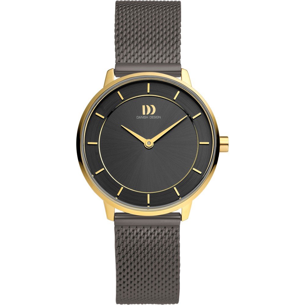 Gouden horloge met zwarte wijzerplaat en grijze mesh-band.