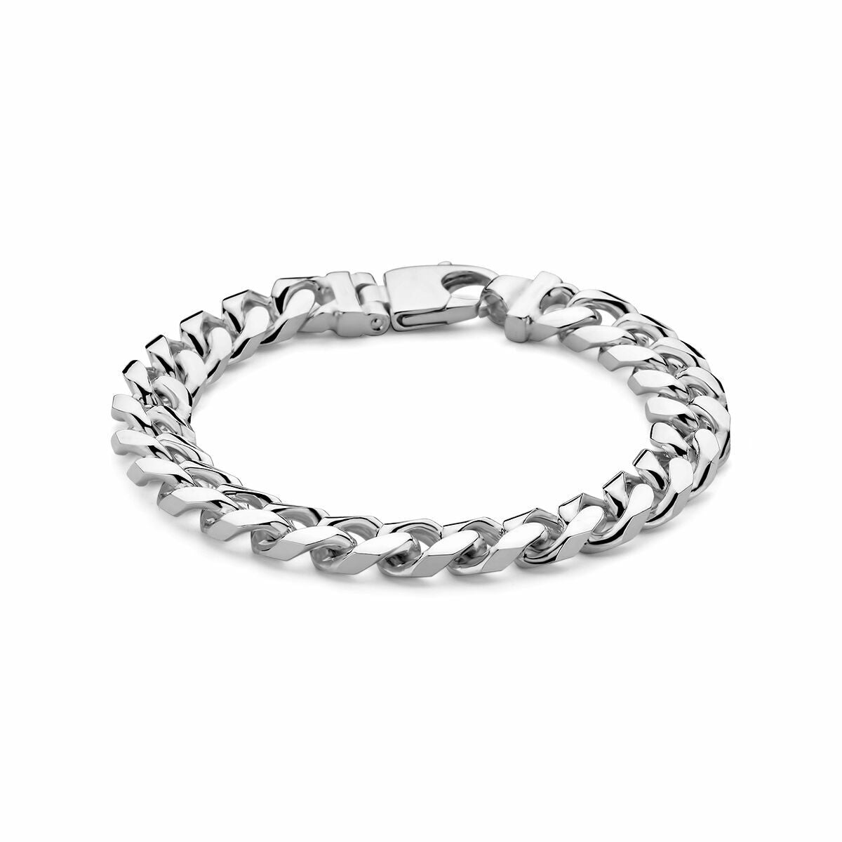 De Van der Kooij Collectie Zilveren armband heren gourmette 10 mm in 925 zilver met box sluiting, fraai in een cirkelvorm op witte achtergrond gepresenteerd.