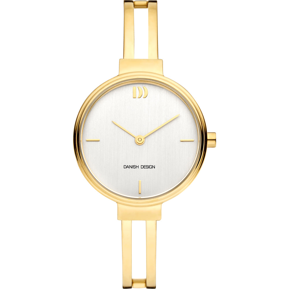 Gouden horloge met een zilveren wijzerplaat en minimalistische wijzers.