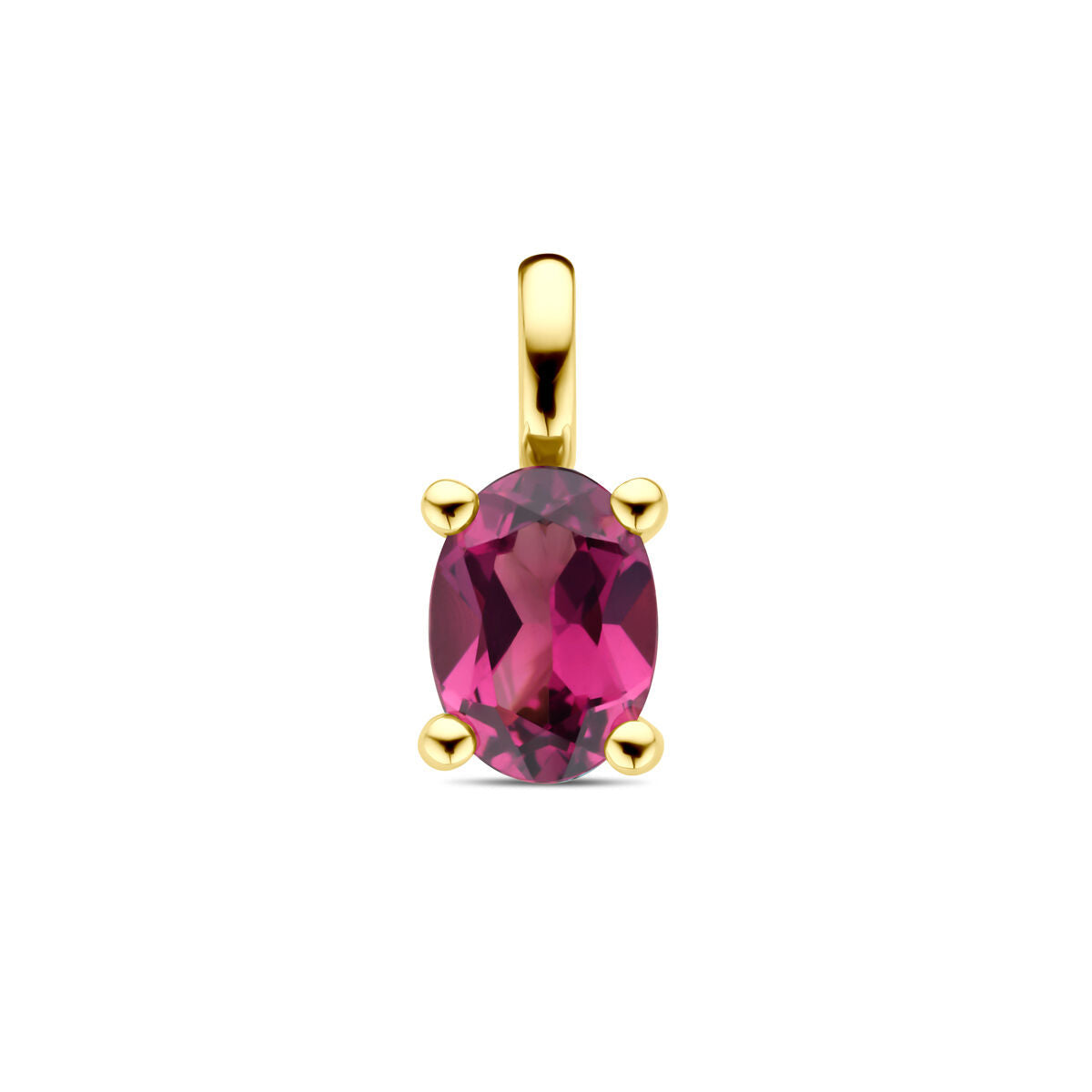 Hanger met een ovale roze rhodoliet, gezet in 14K geelgoud met vierpoots zetting.
