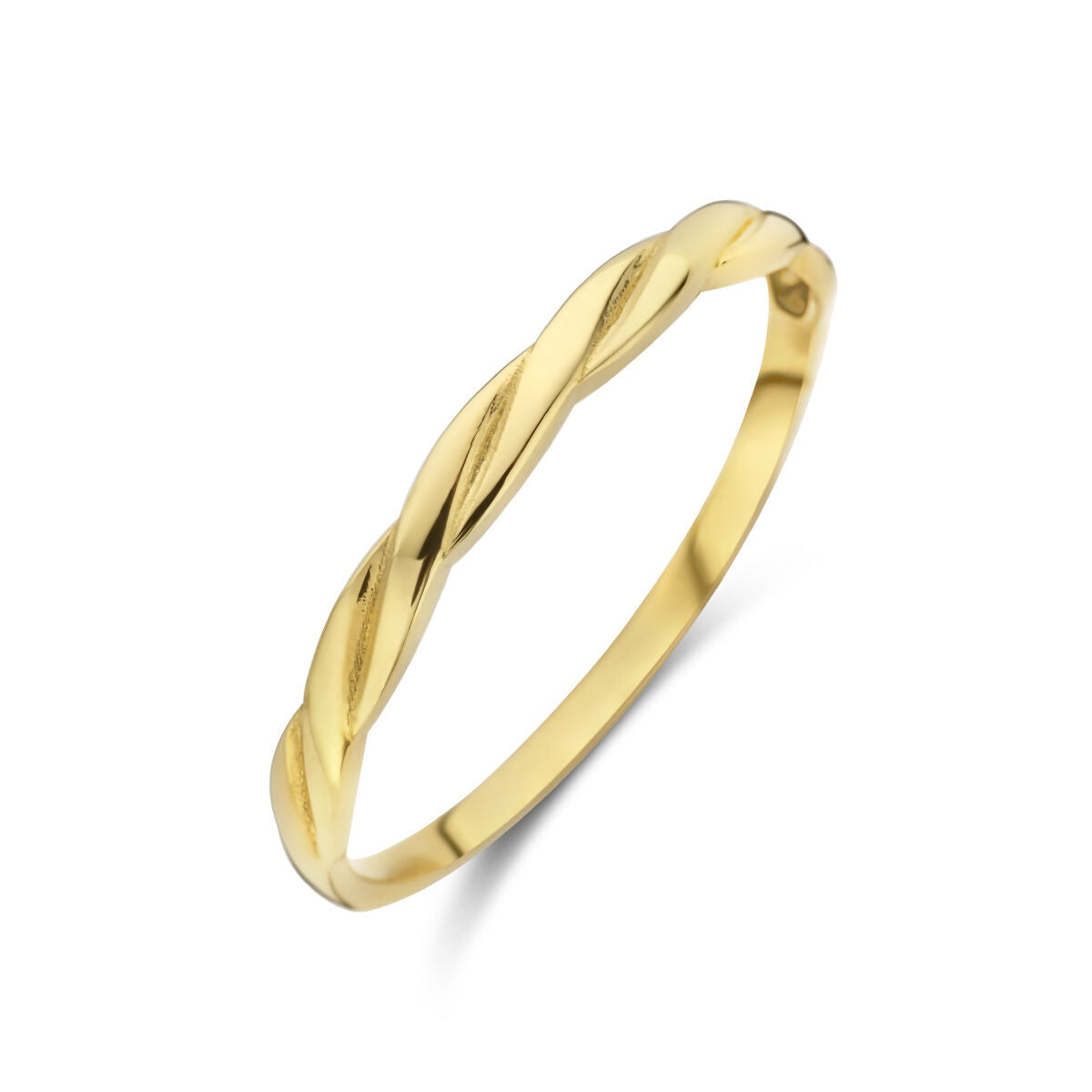 De Van der Kooij Collectie ring gedraaid 14K geelgoud is een delicate damesring met een gedraaid ontwerp, elegant gepresenteerd op een witte achtergrond.