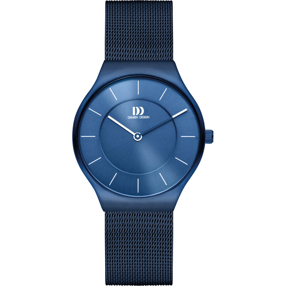 Blauw horloge met een ronde wijzerplaat en mesh-band.
