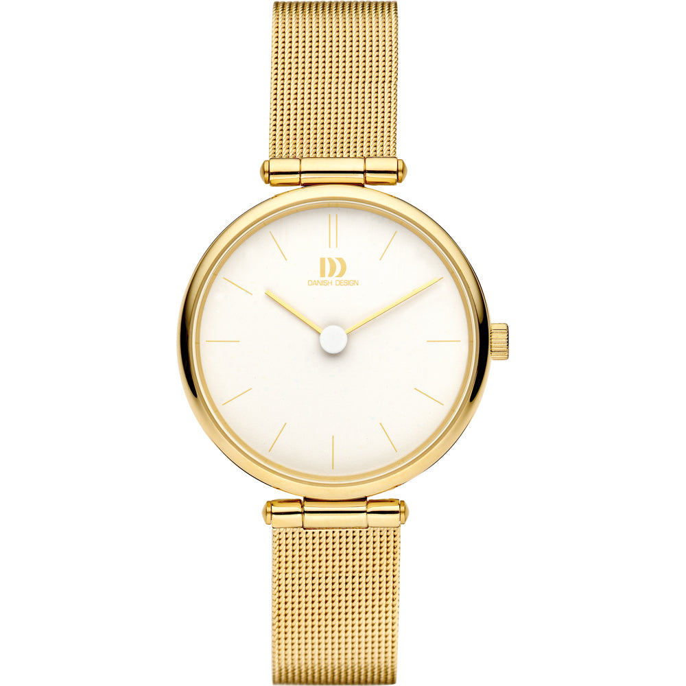 Gouden dameshorloge met witte wijzerplaat en mesh-band, minimalistisch ontwerp met dunne wijzers.