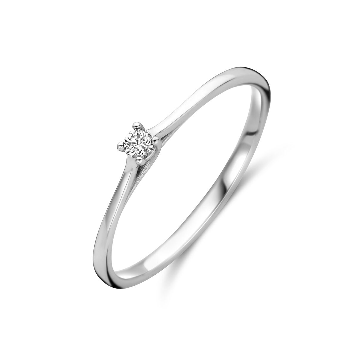 Een 14K witgouden aanzoeksring uit de Van der Kooij Collectie met een centrale diamant van 0,05ct H SI, getoond op een witte achtergrond.