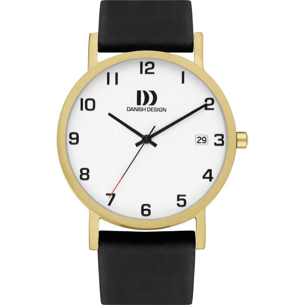Gouden horloge met witte wijzerplaat, zwarte leren band en eenvoudige cijfers.
