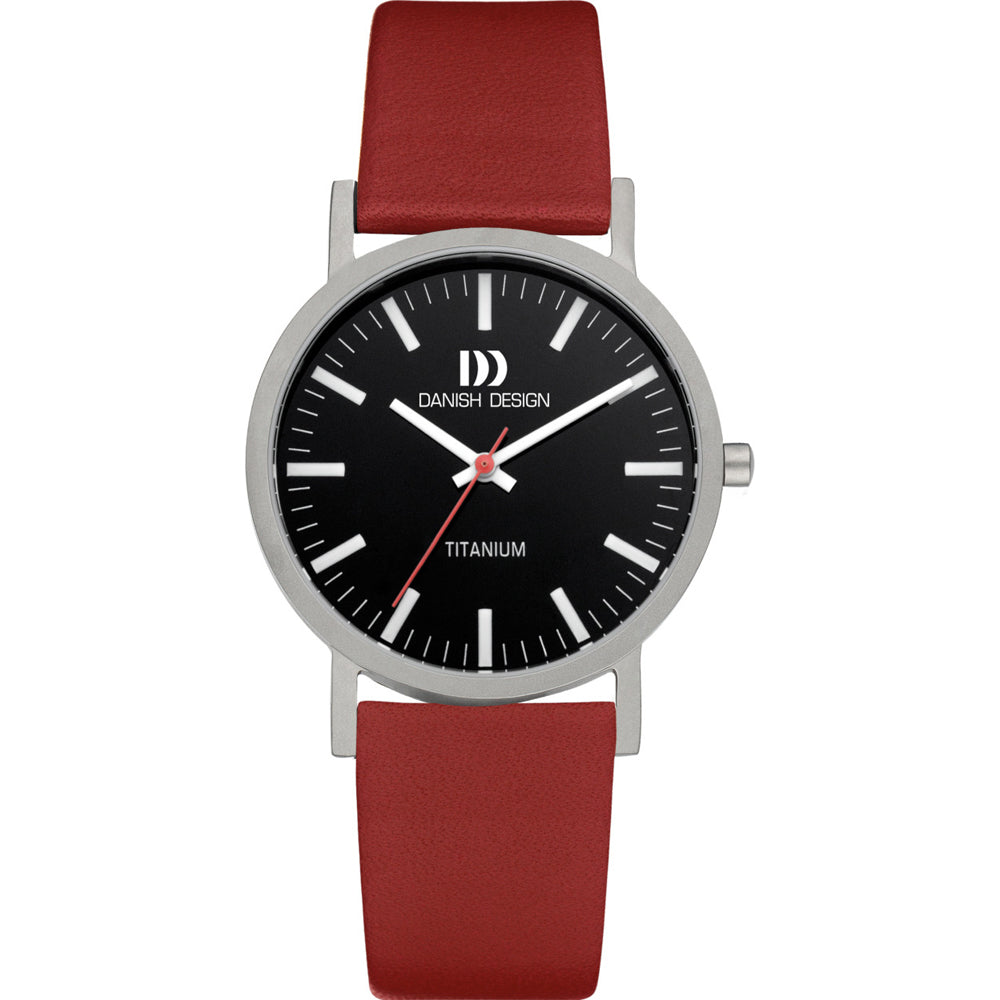 Zilveren horloge met zwarte wijzerplaat, rode leren band en rode secondewijzer.