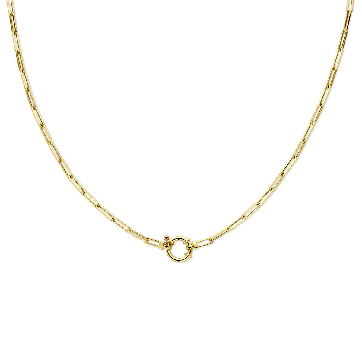 De Van der Kooij Collectie collier paperclip vierkante buis 3,0 mm 45 cm met groot veerslot in 14K geelgoud is een minimale, elegante dames sieraad met vierkante buis schakels, afgebeeld op een effen witte achtergrond.