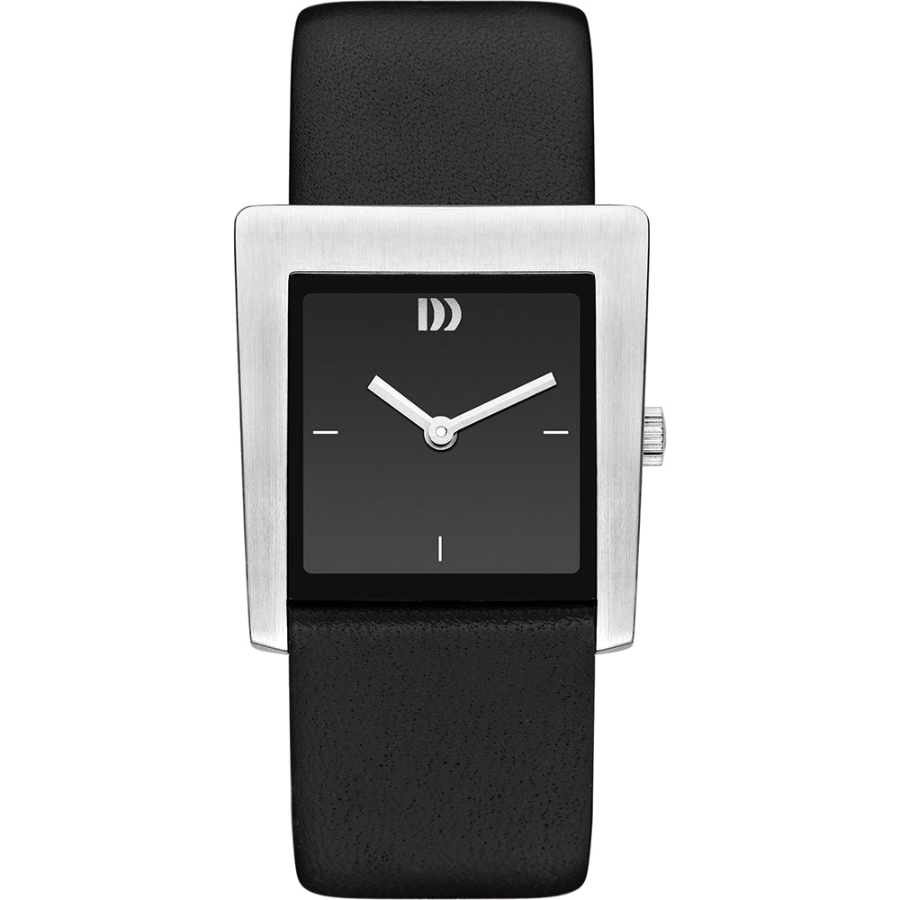 Zwart horloge met vierkante wijzerplaat, zilveren kast en leren band.