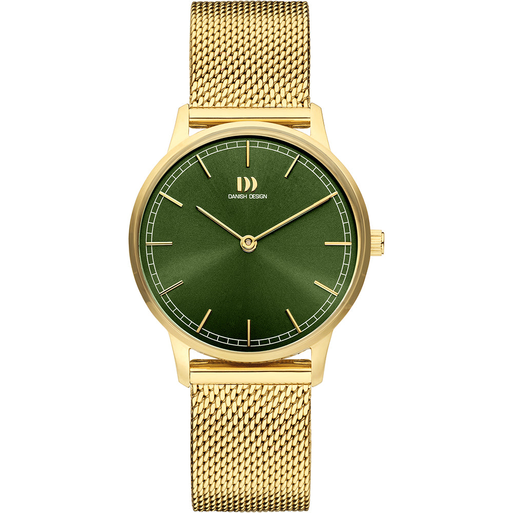 Gouden horloge met groene wijzerplaat en mesh-band.