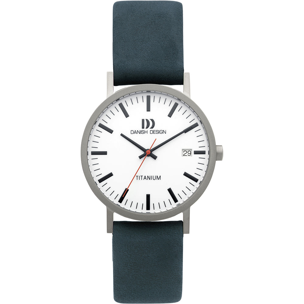 Titanium horloge met witte wijzerplaat, zwarte leren band en datumaanduiding.