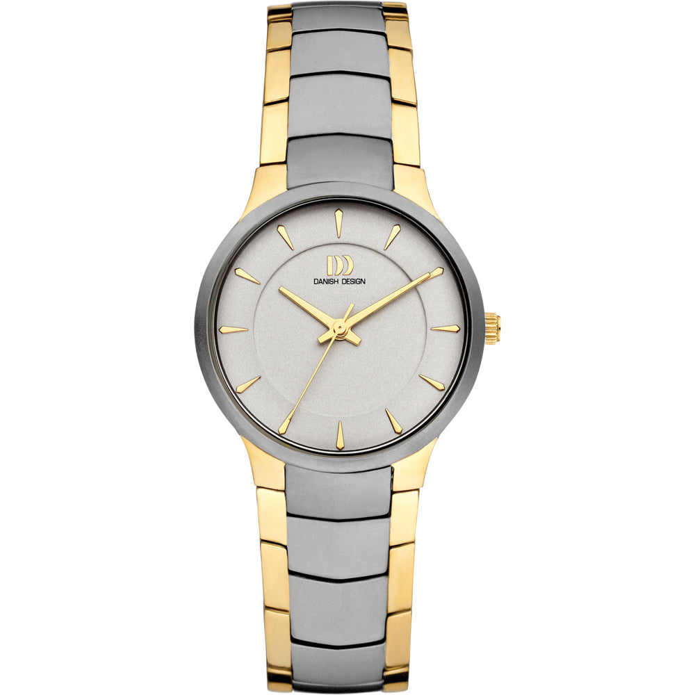 Gouden horloge met grijze wijzerplaat en een schakelband in goud en zilver.