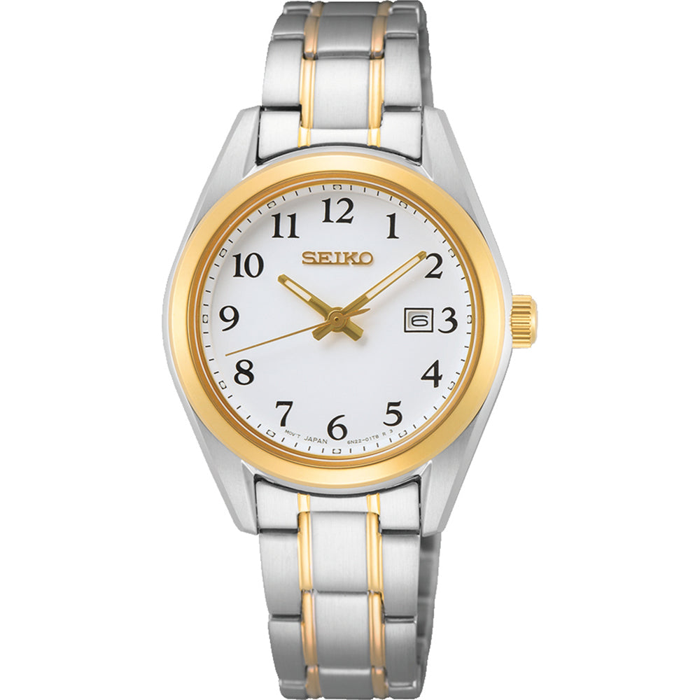 Zilveren dames horloge met gouden accenten, witte wijzerplaat en datumaanduiding.