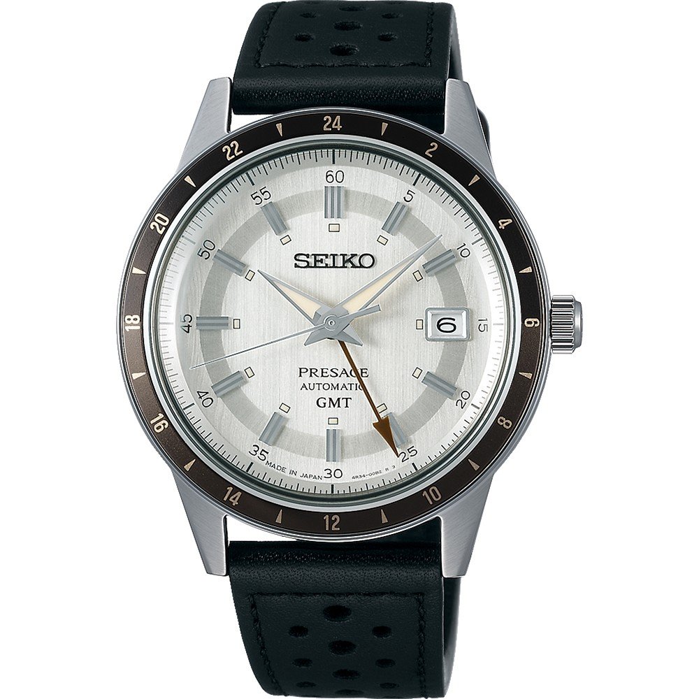 Heren horloge met zilveren wijzerplaat, zwarte leren band, GMT-functie en stalen kast.