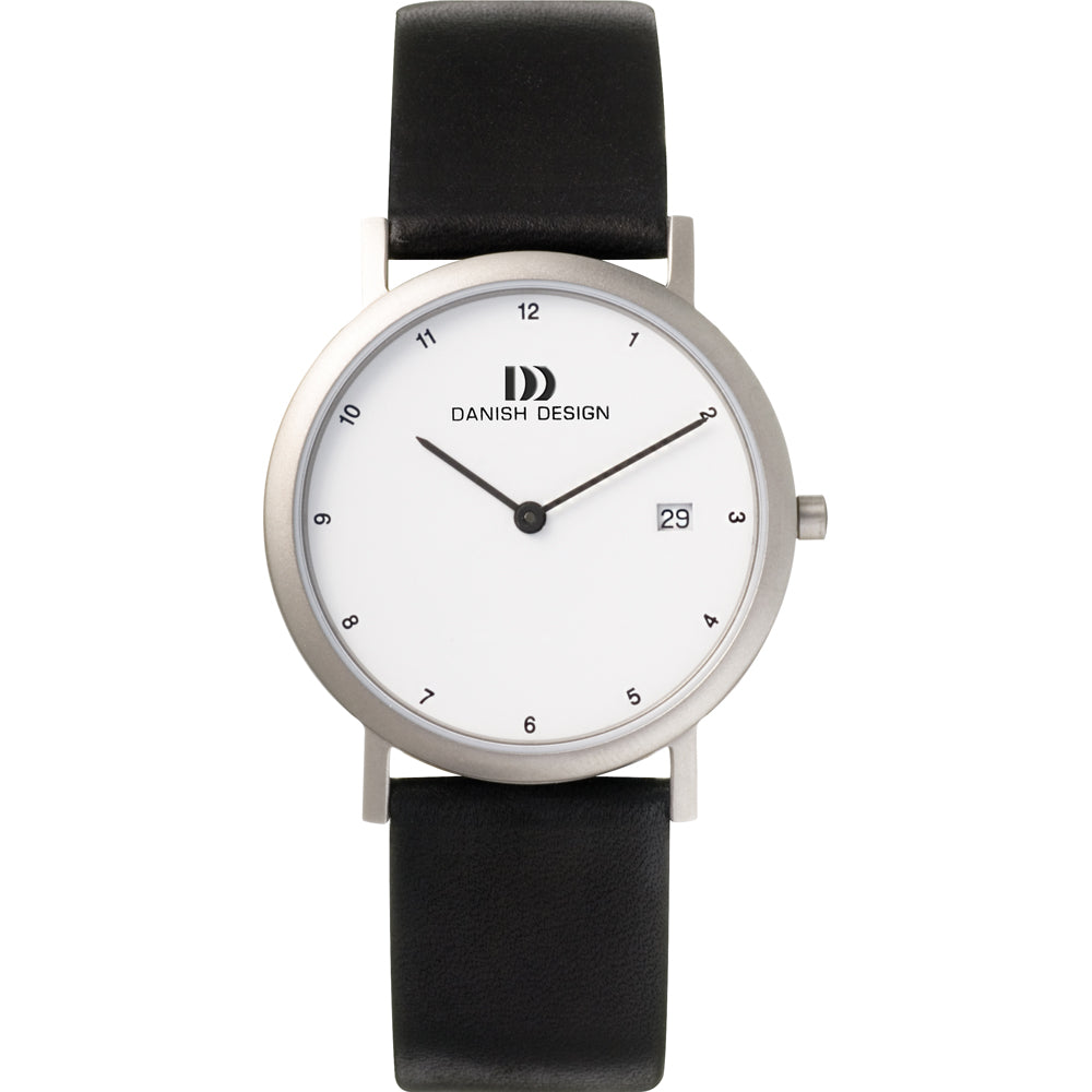 Zilveren horloge met witte wijzerplaat en zwarte leren band, voorzien van datumweergave.