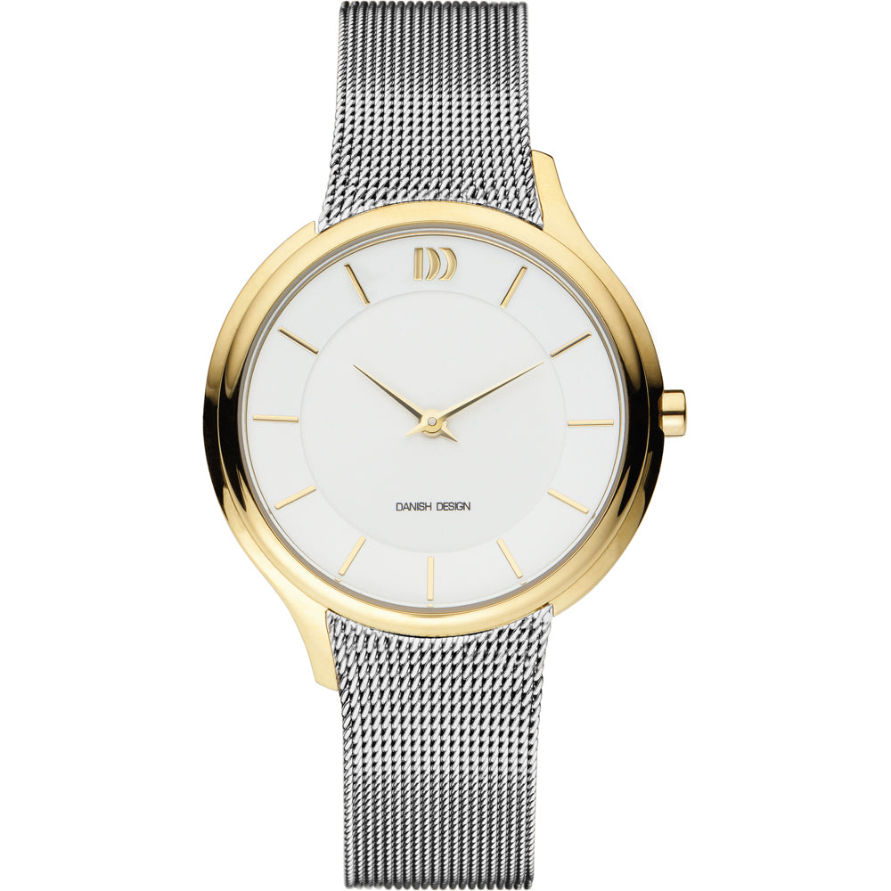 Gouden horloge met een witte wijzerplaat en een zilveren mesh-band.