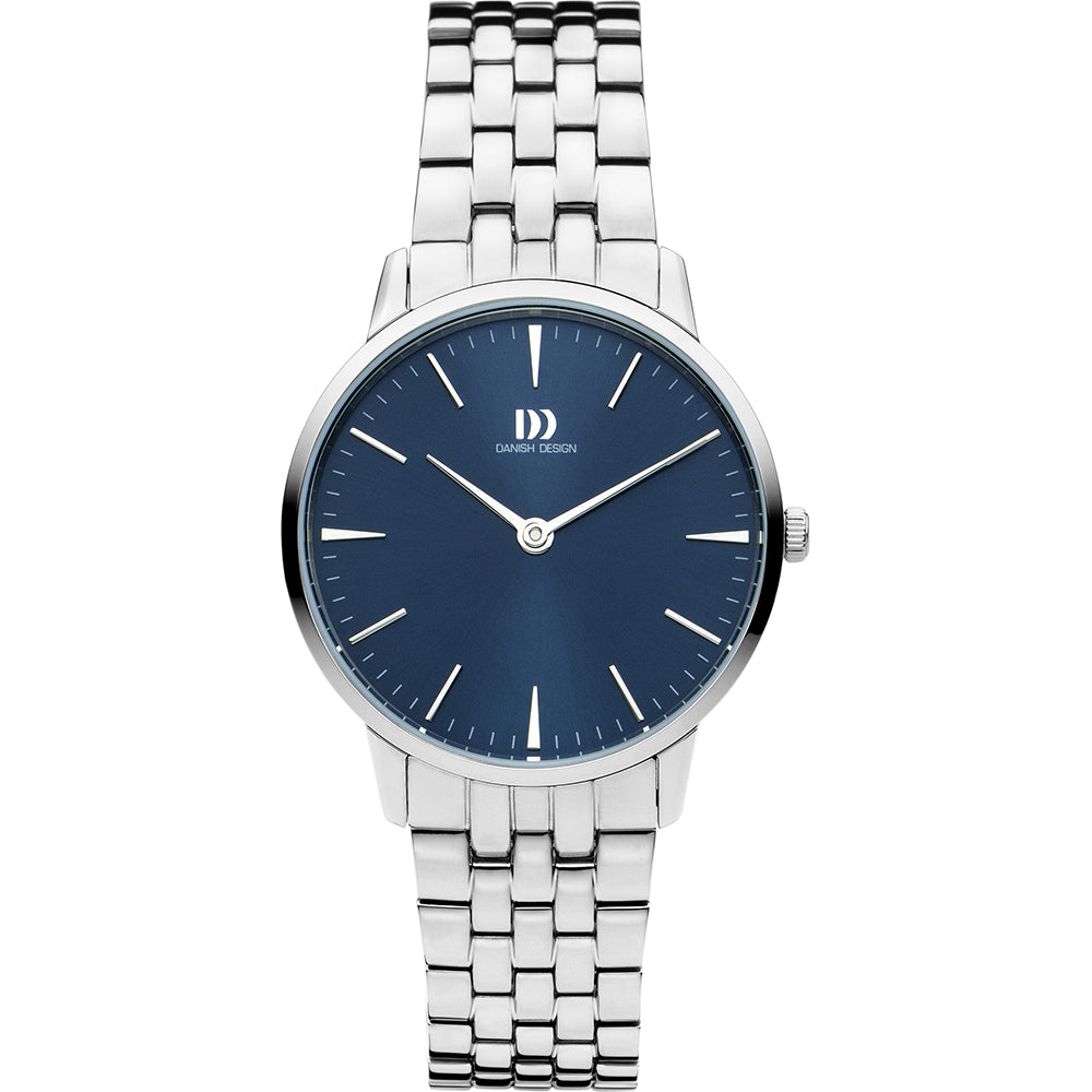 Zilveren horloge met een blauwe wijzerplaat en een metalen schakelband.