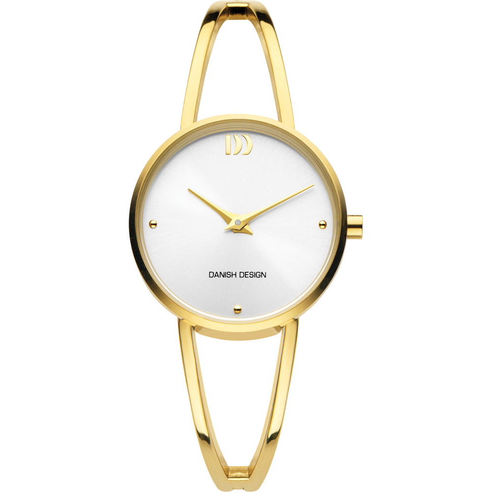 Gouden horloge met een witte wijzerplaat en slanke, open band.