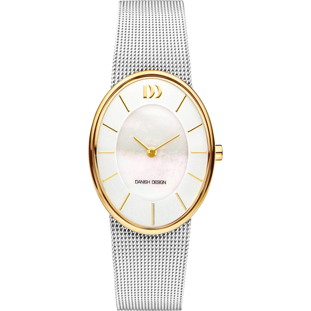 Dames horloge met witte wijzerplaat, gouden details en een zilveren mesh-band in ovale vorm.