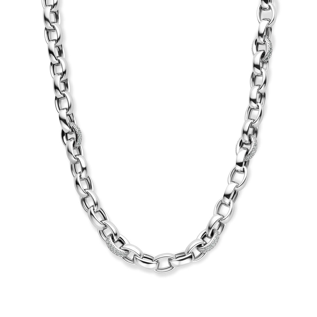 Zilveren gerhodineerd collier met ovale jasseron schakels van 7,5 mm, lengte 45 cm.