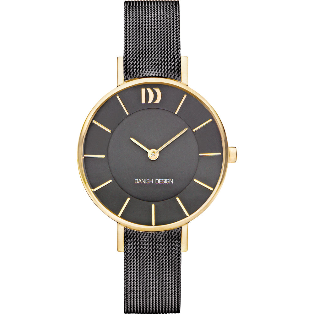 Gouden horloge met zwarte wijzerplaat en mesh-band.