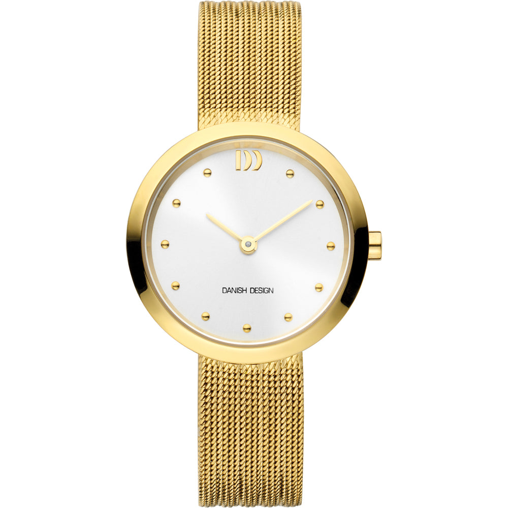 Gouden horloge met een witte wijzerplaat, mesh-band en gouden indexen.