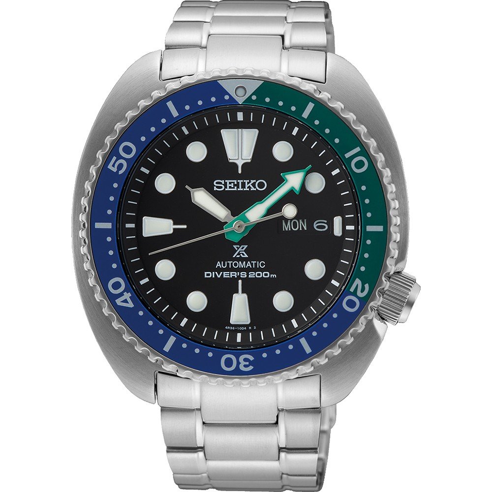 Heren horloge met zwarte wijzerplaat, zilveren metalen band en een blauwe en groene bezel.