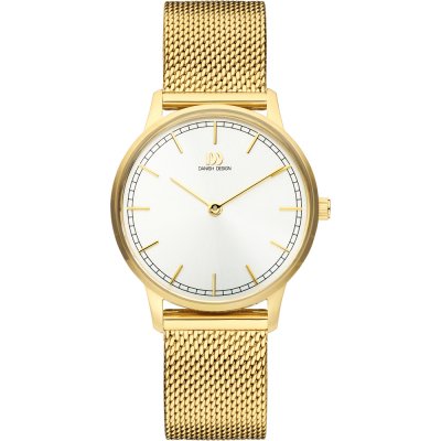 Gouden horloge met een witte wijzerplaat en een mesh-band.