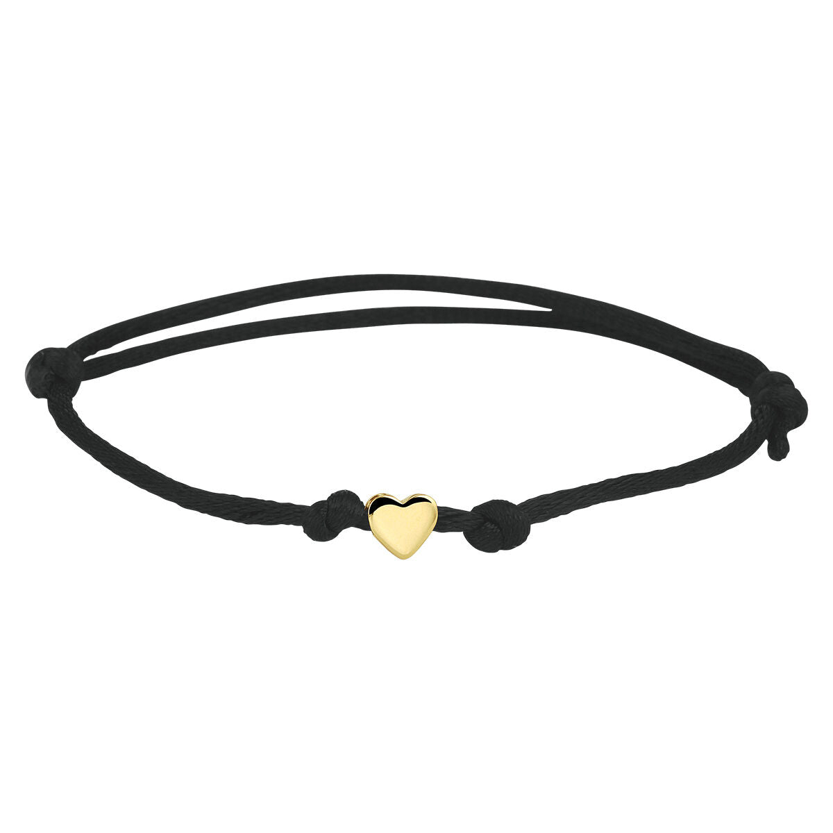 Een zwart satijnen damesarmband van de Van der Kooij Collectie, met verstelbaar koord, een 14K gouden hartje en accenten van rubber/nylon/leer.