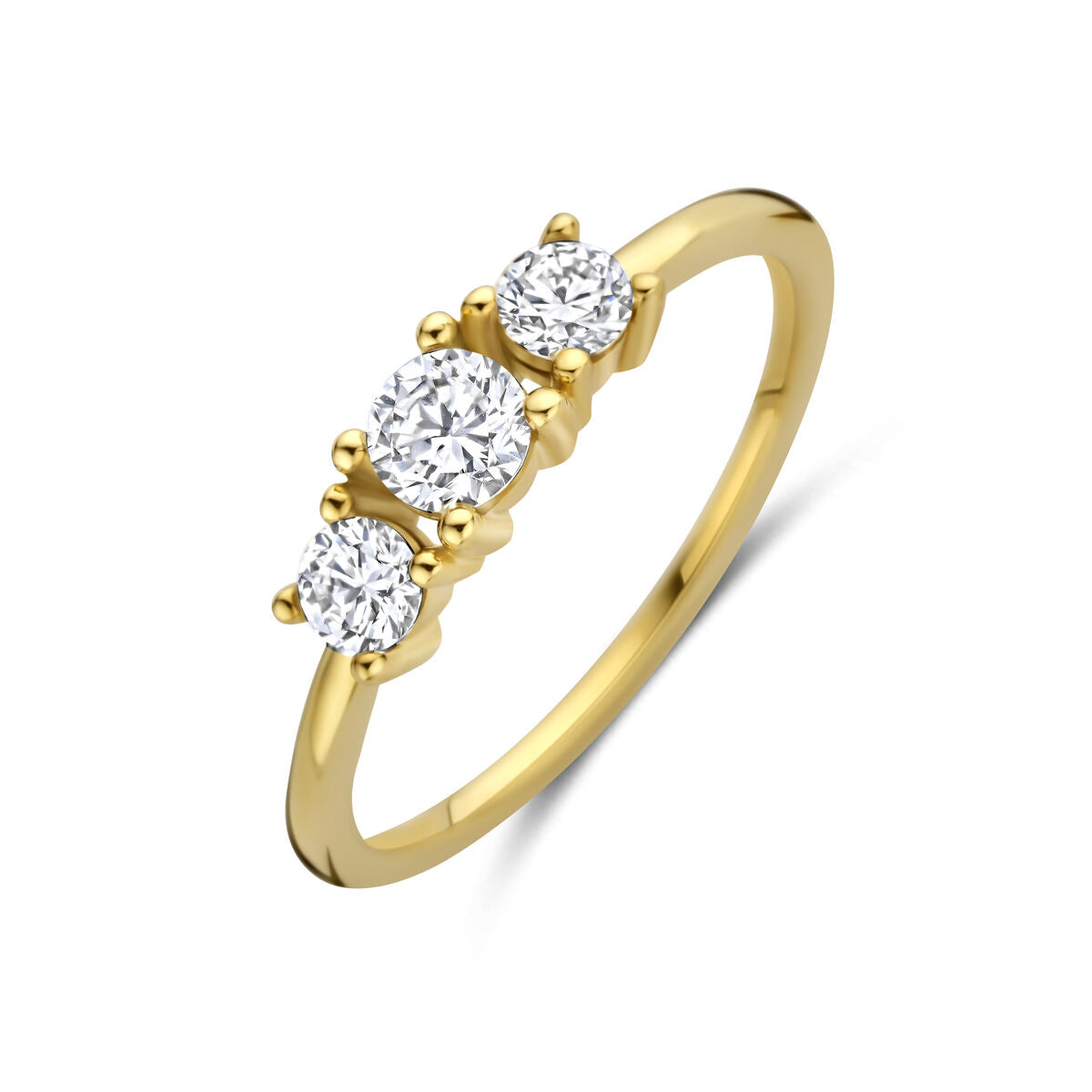 Gouden damesring van 14k geelgoud met drie lab grown diamanten in een klassieke zetting.