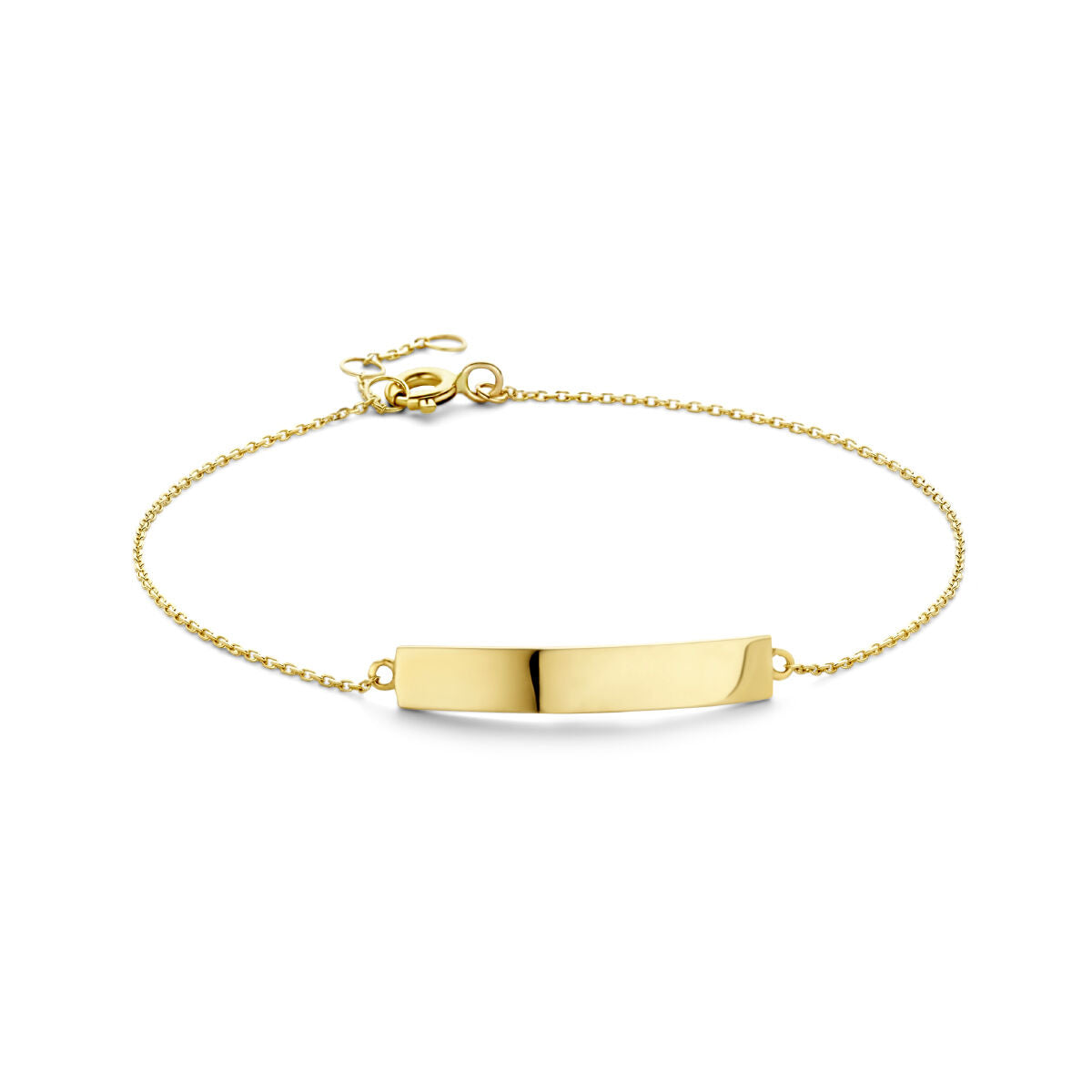 Graveerarmband van 14K geelgoud met een platte, glanzende plaat en een fijne schakelband.