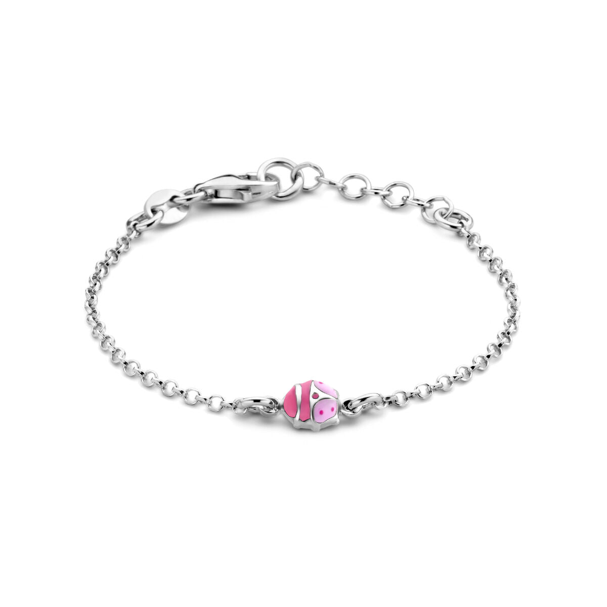 Zilveren gerhodineerde armband van 11 + 2 cm met een kleurrijk lieveheersbeestje als opvallend detail.