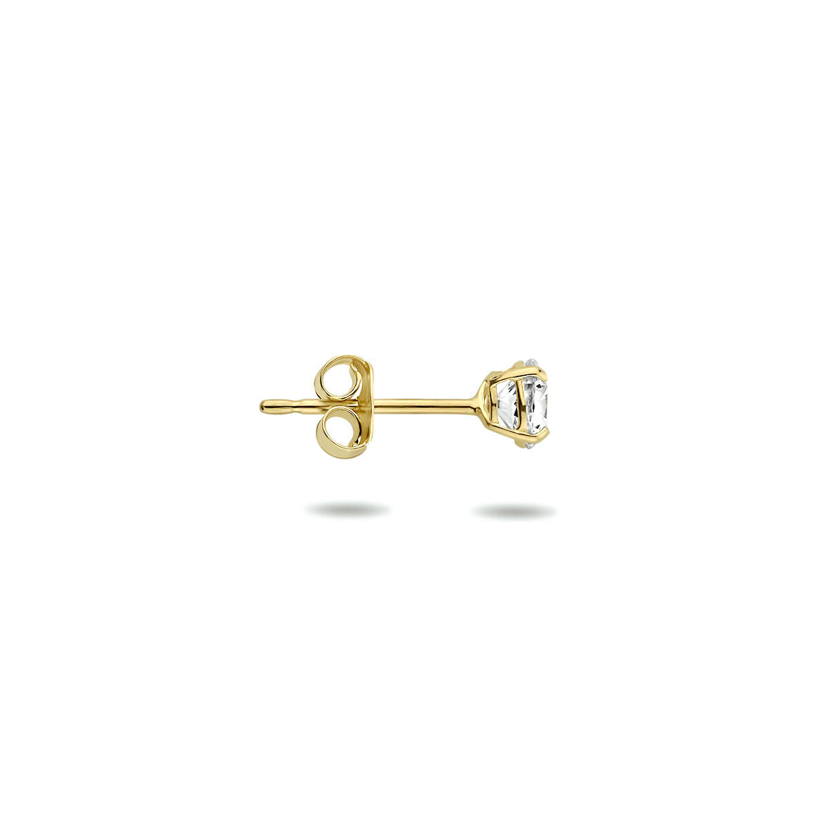 Een oorknop zirkonia per stuk 14K geelgoud van Van der Kooij Collectie, met ronde witte zirkonia in prongzetting, getoond in zijaanzicht op een witte achtergrond.