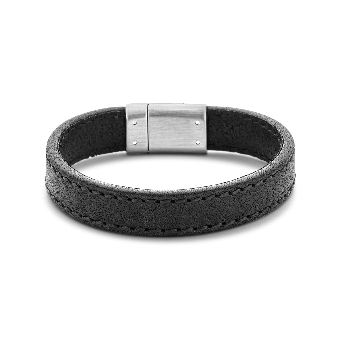 Zwarte leren armband van 12,5 mm met een sluiting van edelstaal.