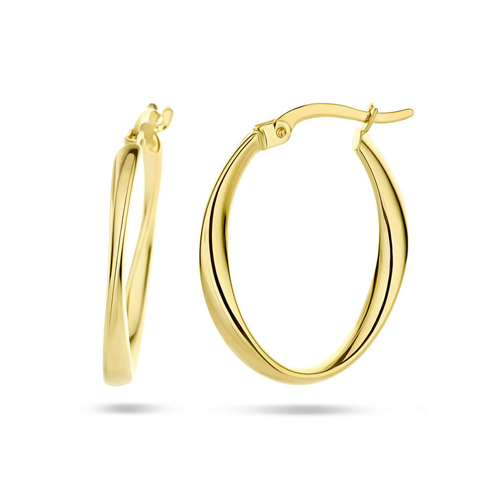 Een paar Van der Kooij Collectie oorringen ovaal gedraaide buis 14K geelgoud met een gepolijste afwerking, weergegeven op een witte achtergrond: de ene rechtopstaand, de andere zijdelings om de scharniersluiting te laten zien.
