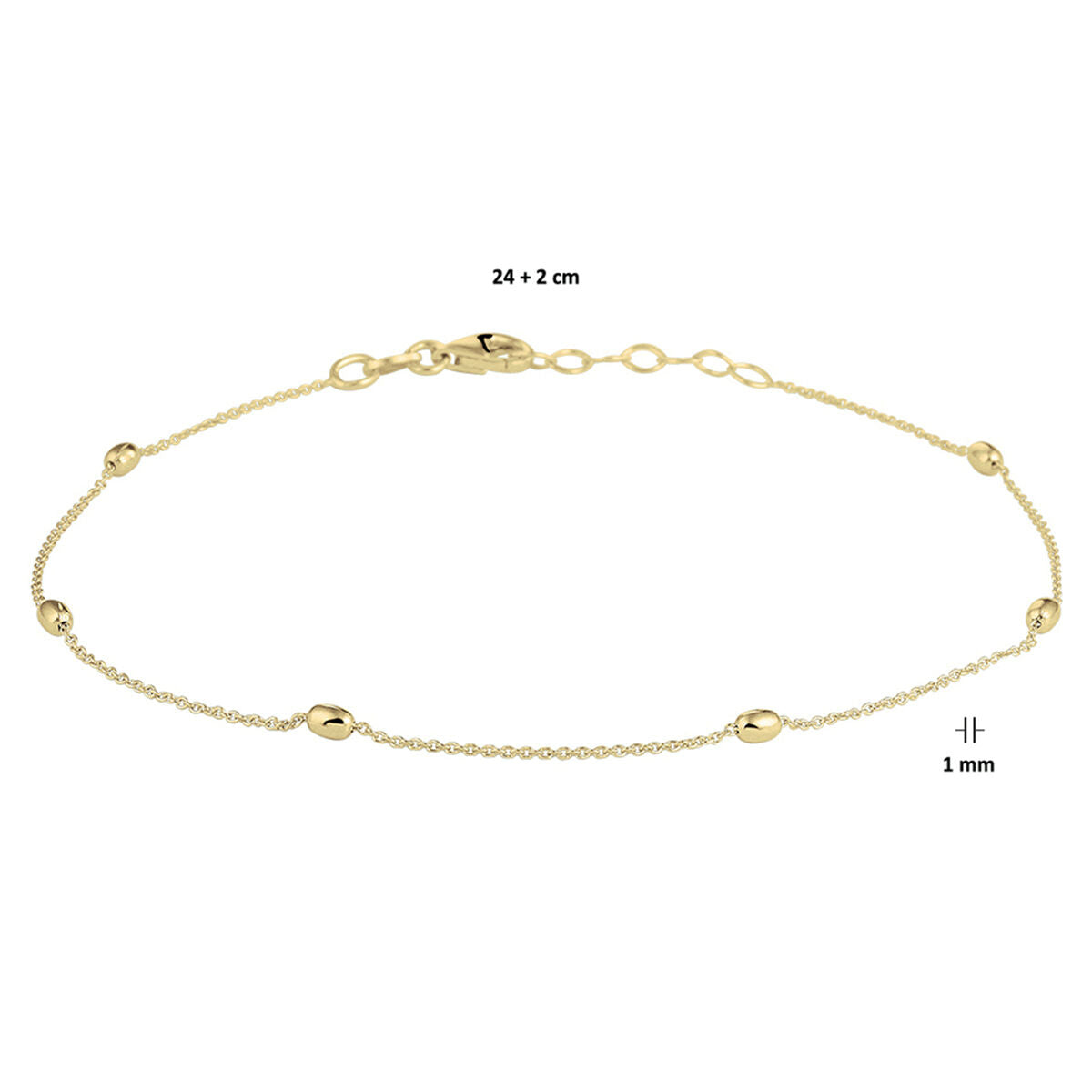 Het Van der Kooij Collectie enkelbandje bolletjes is een 1,0 mm fijn zilver verguld (geel) dames enkelbandje, 24 + 2 cm lang, met kleine bolletjes en een karabijnsluiting-stijlvol én verstelbaar.