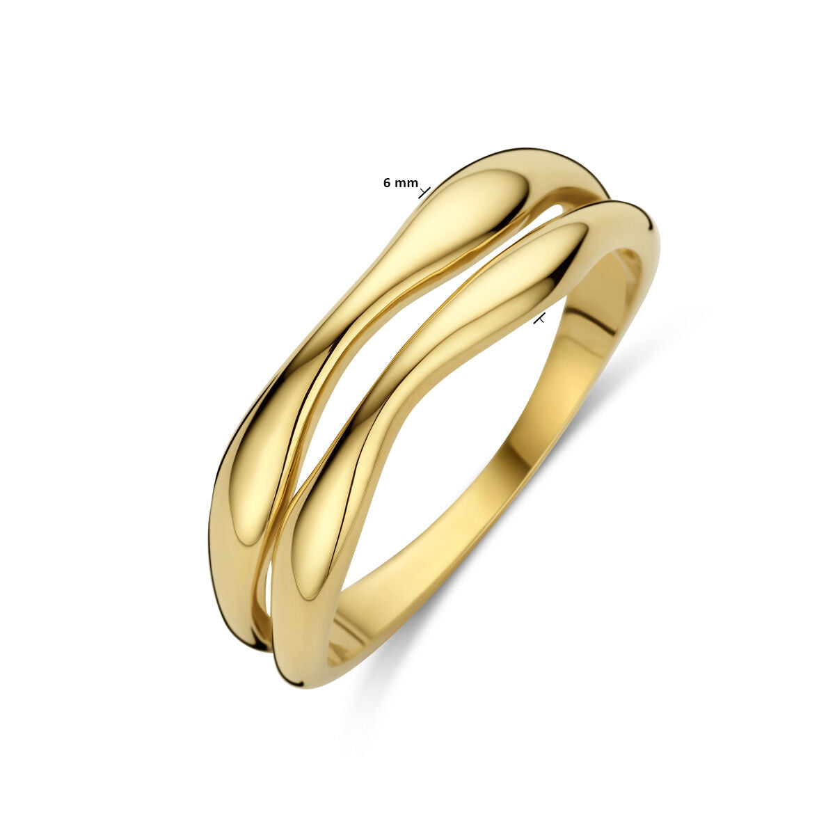 De ring 14K geelgoud van de Van der Kooij Collectie heeft een dubbel-band ontwerp met vloeiende, gebogen lijnen en is 6 mm breed, getoond op een witte achtergrond.